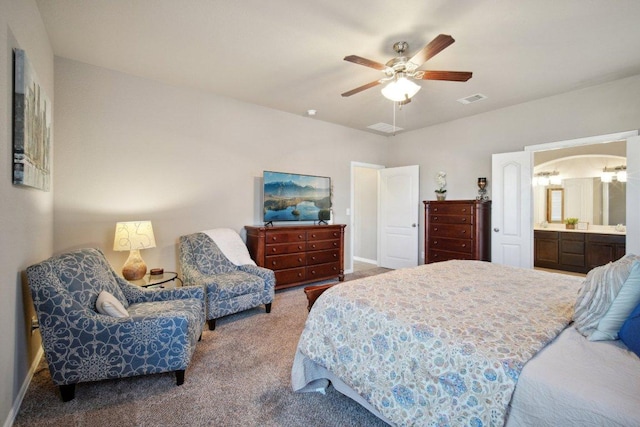 bedroom featuring arched walkways, visible vents, a ceiling fan, carpet flooring, and baseboards