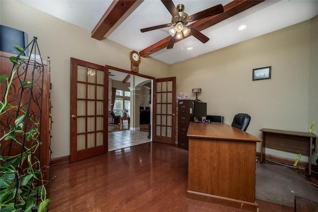 office space featuring arched walkways, french doors, beam ceiling, a ceiling fan, and wood finished floors