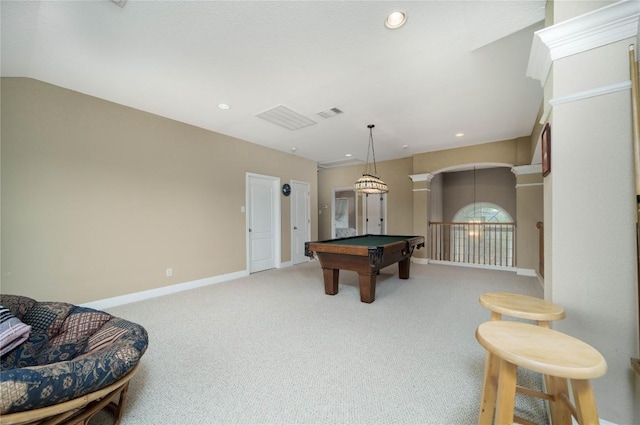 playroom featuring visible vents, baseboards, lofted ceiling, carpet, and recessed lighting