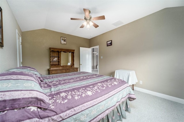 bedroom with carpet, lofted ceiling, visible vents, ceiling fan, and baseboards