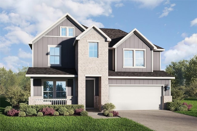 craftsman-style home featuring a shingled roof, board and batten siding, a garage, stone siding, and driveway