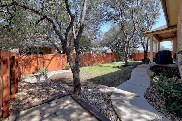 view of yard featuring a fenced backyard and a patio