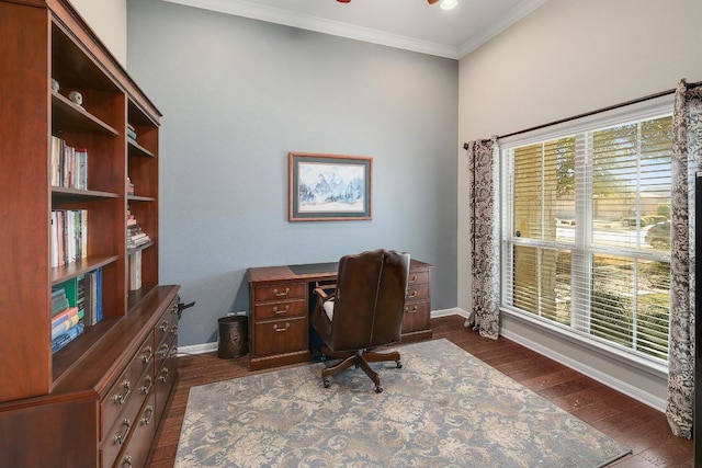 office with a healthy amount of sunlight, dark wood-style floors, baseboards, and crown molding