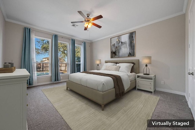 bedroom with baseboards, visible vents, crown molding, and light colored carpet