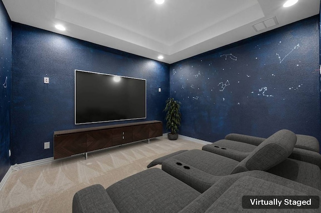 home theater featuring recessed lighting, carpet floors, visible vents, baseboards, and a raised ceiling