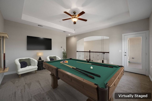 playroom with a tray ceiling, carpet, billiards, and visible vents