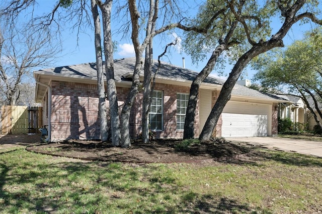 view of property exterior with concrete driveway, a chimney, an attached garage, fence, and brick siding