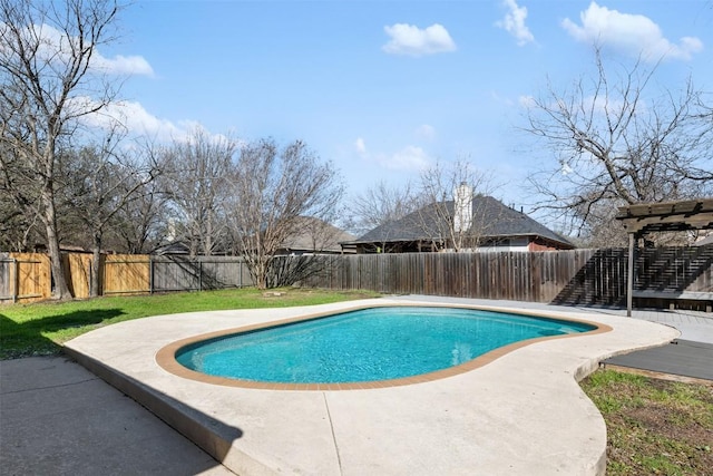 view of pool featuring a patio area, a fenced backyard, a fenced in pool, and a yard