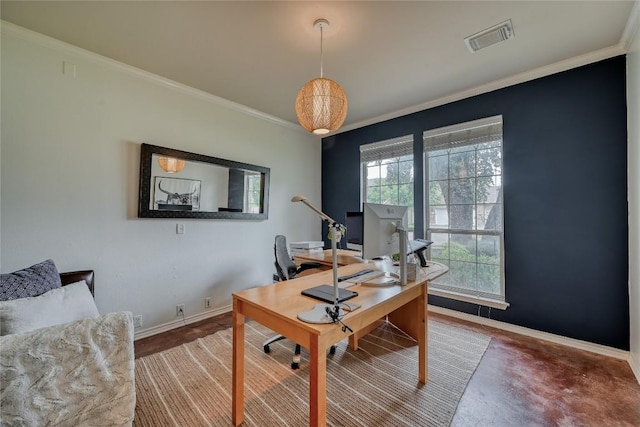 office area with ornamental molding, visible vents, and baseboards