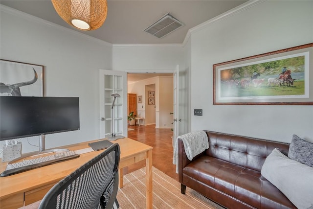 office area featuring visible vents and crown molding