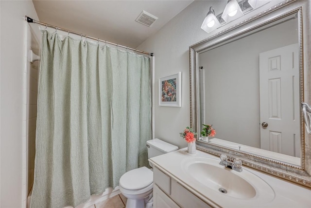 full bathroom featuring visible vents, toilet, shower / bath combo, vanity, and tile patterned floors