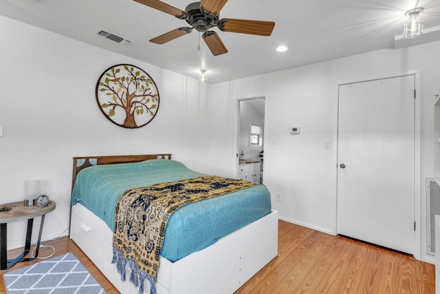 bedroom featuring wood finished floors, baseboards, visible vents, recessed lighting, and ceiling fan