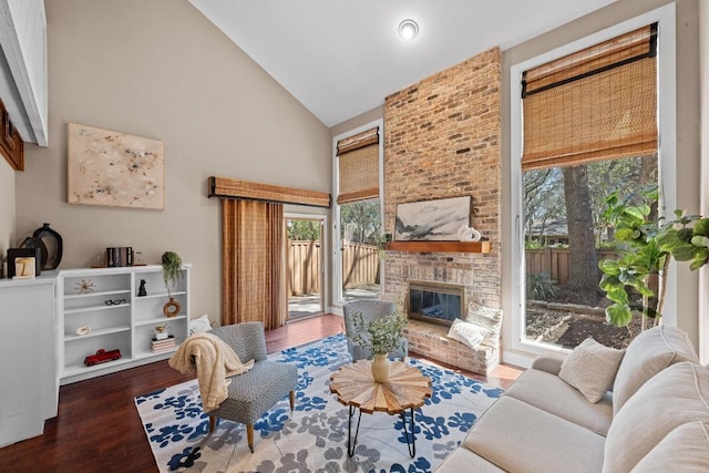 living room with high vaulted ceiling, a fireplace, and wood finished floors