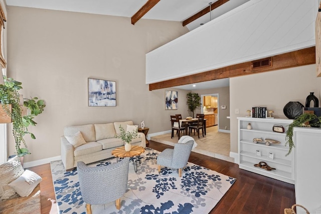 living area with wood-type flooring, visible vents, baseboards, and beam ceiling