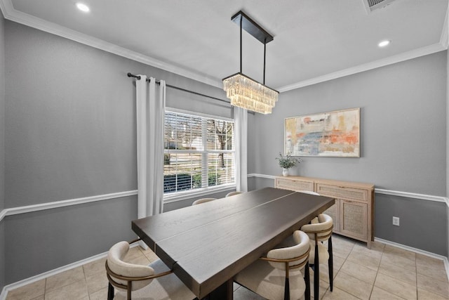 dining space with light tile patterned floors, baseboards, and ornamental molding