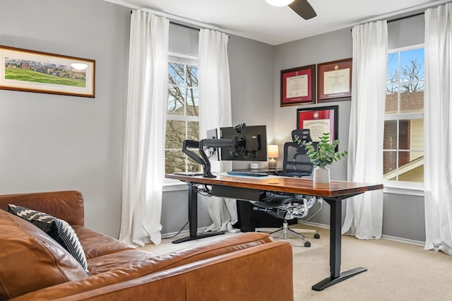 office area with a ceiling fan, carpet flooring, and baseboards