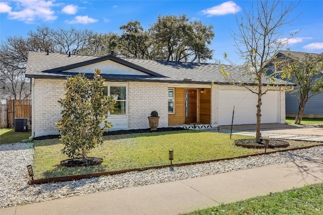 single story home with central air condition unit, a front yard, fence, a garage, and driveway