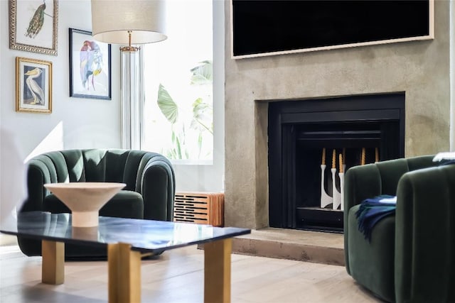 living area with a fireplace and wood finished floors