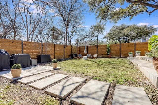 view of yard with a patio area and a fenced backyard