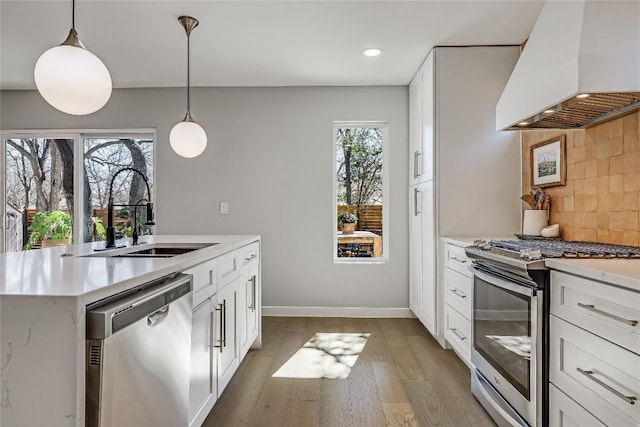 kitchen with a sink, light wood-style floors, appliances with stainless steel finishes, backsplash, and custom exhaust hood