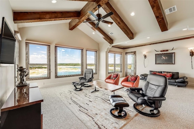 1208 Watercliffe Dr, Lago Vista, TX 78645 - living area featuring carpet, visible vents, lofted ceiling with beams, and recessed lighting