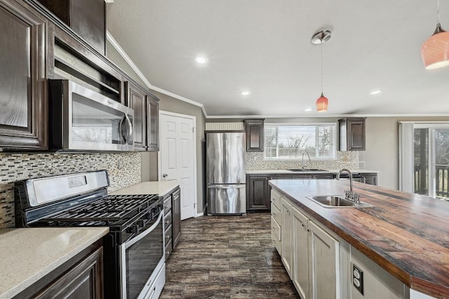 kitchen featuring ornamental molding, dark brown cabinets, appliances with stainless steel finishes, and a sink