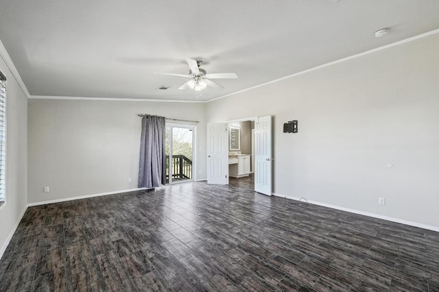 empty room with ceiling fan, dark wood-type flooring, visible vents, baseboards, and ornamental molding