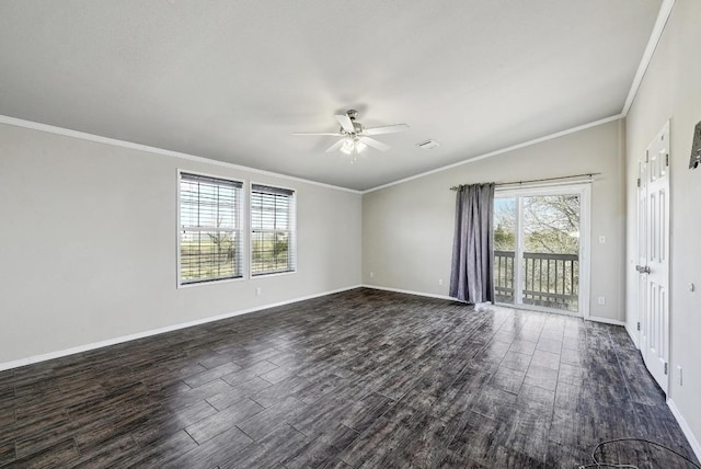 unfurnished room with dark wood-style floors, crown molding, visible vents, ceiling fan, and baseboards