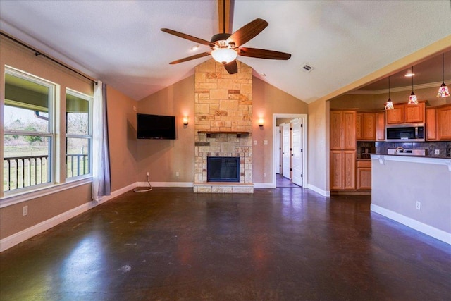 unfurnished living room featuring ceiling fan, a stone fireplace, visible vents, baseboards, and finished concrete floors