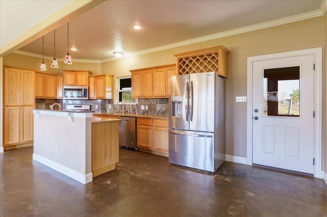 kitchen with baseboards, stainless steel appliances, concrete floors, and decorative backsplash