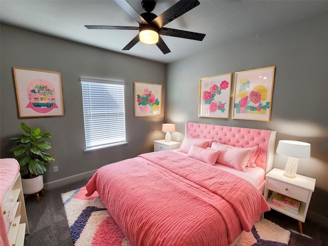 bedroom featuring a ceiling fan, baseboards, and carpet flooring