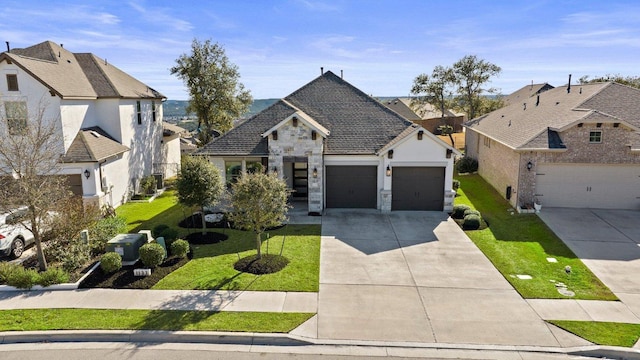 french country inspired facade with driveway, a garage, stone siding, a residential view, and a front yard