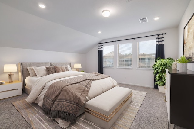 bedroom with baseboards, visible vents, lofted ceiling, carpet flooring, and recessed lighting