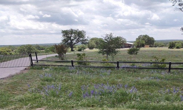 view of yard with a rural view, a gate, and fence