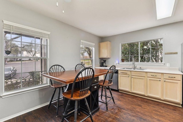 dining space featuring baseboards and dark wood-type flooring