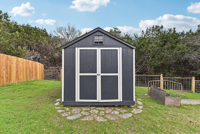 view of shed with a fenced backyard