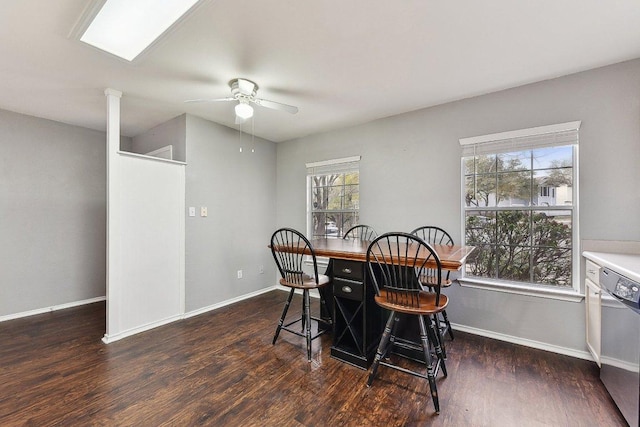 dining area with ceiling fan, wood finished floors, and baseboards