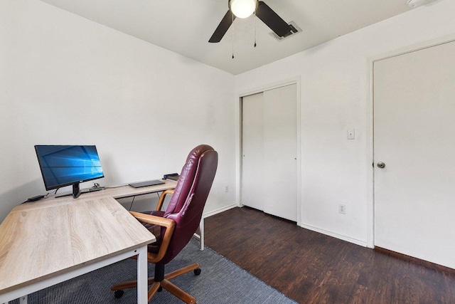 office space with baseboards, wood finished floors, visible vents, and a ceiling fan