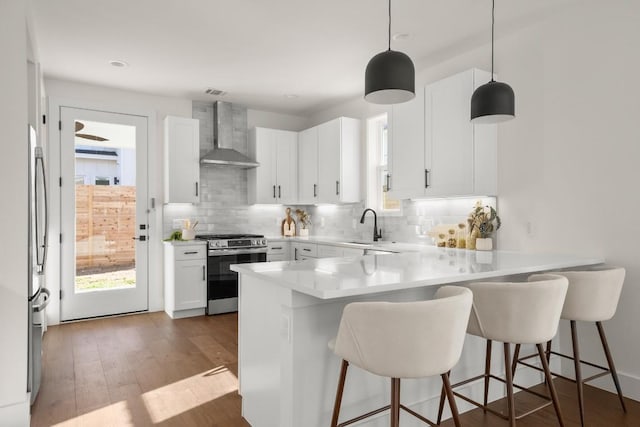 kitchen with dark wood finished floors, a sink, stainless steel appliances, wall chimney exhaust hood, and tasteful backsplash