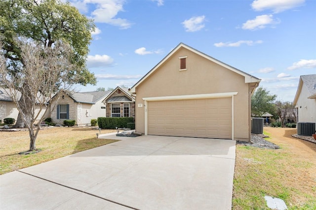 ranch-style home with a front yard, stucco siding, cooling unit, a garage, and driveway