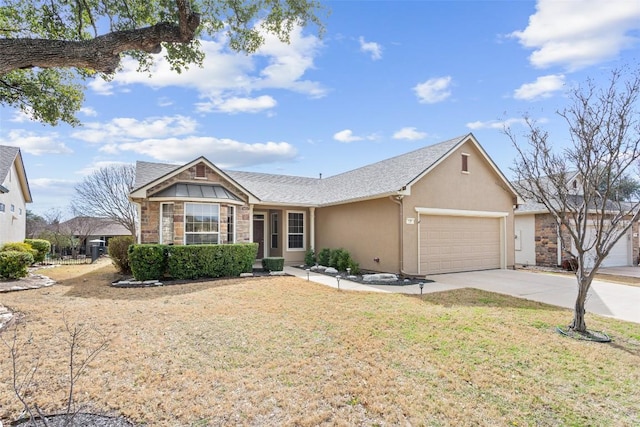 ranch-style home featuring a front yard, driveway, stucco siding, a garage, and stone siding