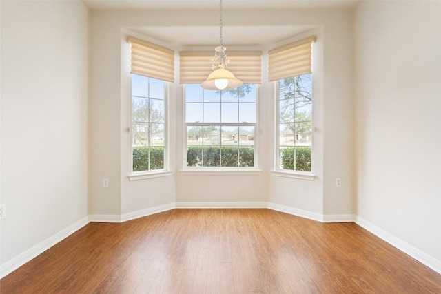 unfurnished dining area with baseboards and wood finished floors