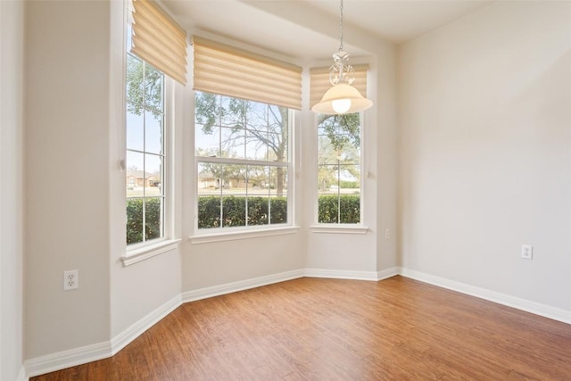 unfurnished dining area with a wealth of natural light, baseboards, and wood finished floors