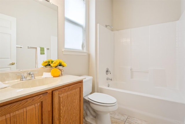 bathroom featuring tile patterned floors, shower / tub combination, toilet, and vanity