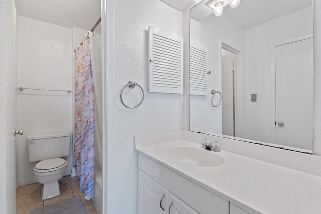 full bath with toilet, tile patterned flooring, and vanity