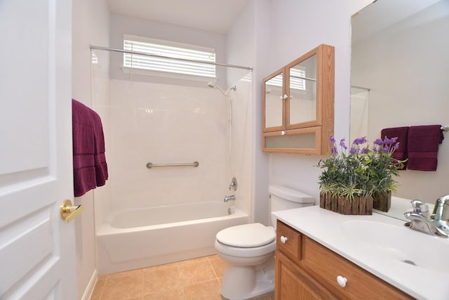 bathroom featuring vanity,  shower combination, tile patterned flooring, and toilet