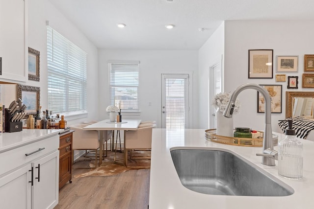 kitchen with light wood-style floors, plenty of natural light, light countertops, and a sink