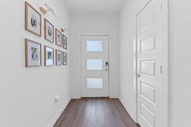 doorway to outside with baseboards and dark wood-type flooring