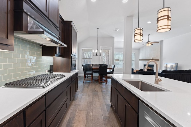 kitchen with appliances with stainless steel finishes, a large fireplace, a sink, dark brown cabinetry, and ceiling fan