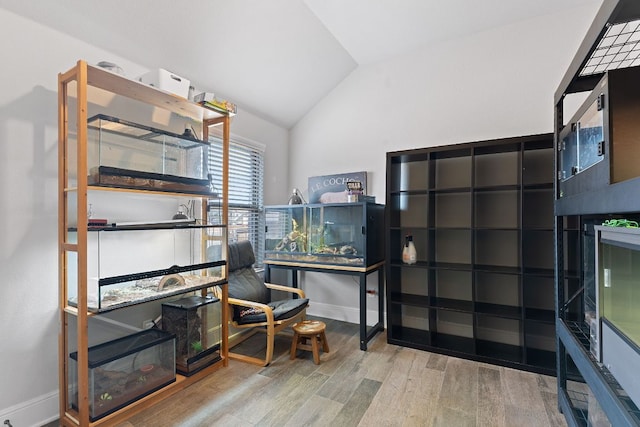 interior space with lofted ceiling, wood finished floors, and baseboards